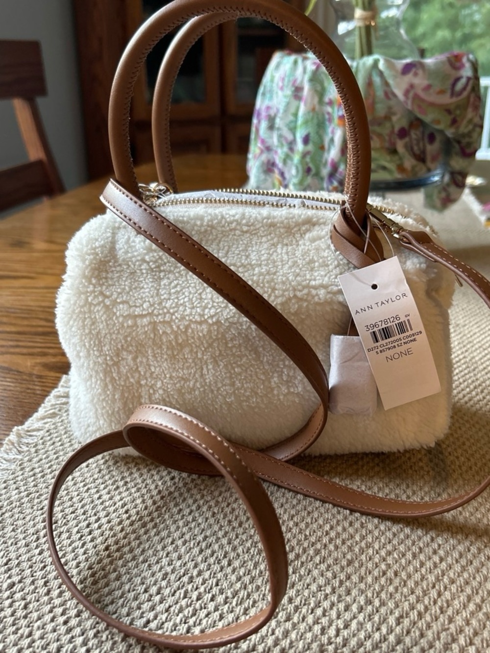 Ann Taylor Cream Sherpa Crossbody with Tan Trim